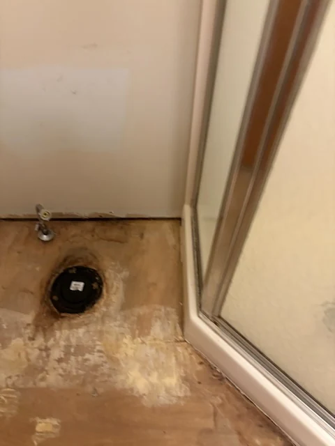 Bathroom floor after tile removal beside the threshold of a glass shower.